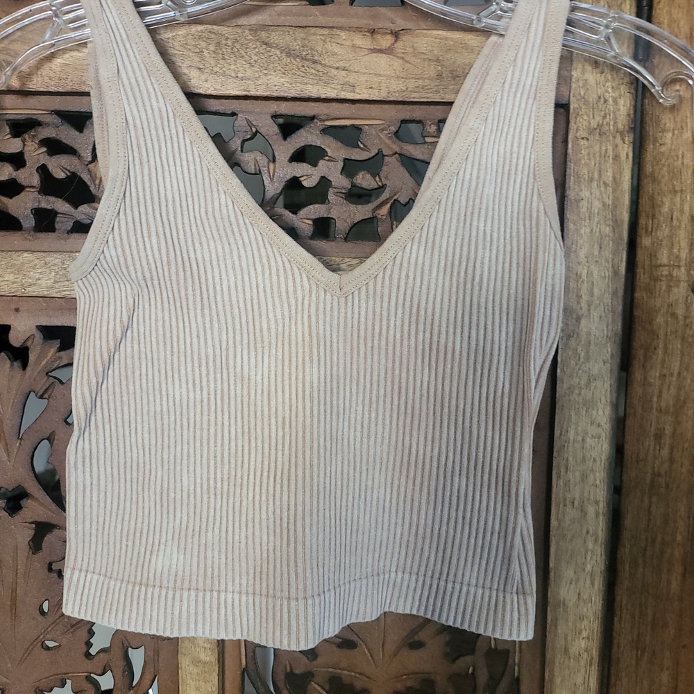Aura Beige Ribbed V-Neck Tank Top